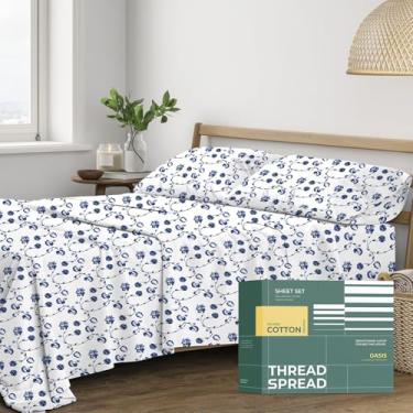 Imagem de THREAD SPREAD Lençóis Queen com estampa 100% algodão orgânico – Conjunto Queen de 4 peças de lençóis de percal de algodão orgânico (azul floral), lençol refrescante e respirável, roupa de cama de