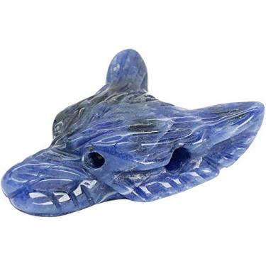 Imagem de Pedra preciosa esculpida à mão de cristal azul sodalita cabeça de lobo para colar pingente de contas, Pedra preciosa