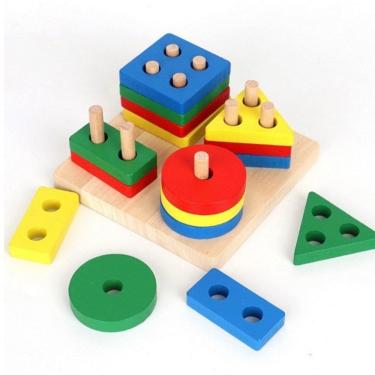 Imagem de Brinquedo Educativo Montessori de Madeira Didático Sensorial Formas e Cores Empilháveis para Bebê