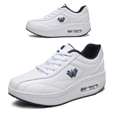 Imagem de RUIDENG Tênis de plataforma feminino com almofada de ar | Sapatos de caminhada femininos confortáveis o dia todo | Parte inferior grossa, Branco e azul 8185, 37