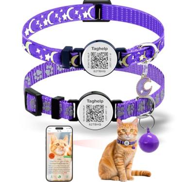 Imagem de 2 coleiras para gatos breakaway com estrelas de sino, luas, gatinho, ajustável, segura, com pingente que brilha no escuro, etiqueta de identificação inteligente com código QR, coleira ajustável de 19