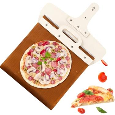 Imagem de 2 peças de casca de pizza deslizante, pá de pizza deslizante antiaderente, espátula de pizza deslizante com cabo de madeira natural destacável, tábua de pá de pizza deslizante sem esforço para virar