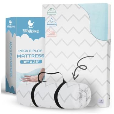 Imagem de Babylicious Colchão impermeável Pack and Play - 96,5 cm x 66 cm | Estilo de enrolar - Espuma viscoelástica macia respirável - Topper de colchão portátil - Colchões de espuma para bebês - Inclui fivela