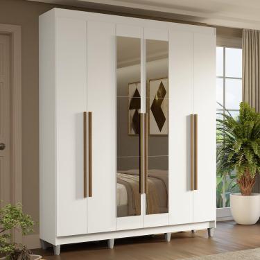 Imagem de Guarda-Roupa Casal com Pés 6 Portas Batentes com Espelho Branco/Branco/Rustic Saturno Madesa