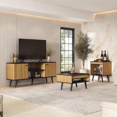 Imagem de Conjunto Sala de Estar Tóquio 3 Peças – Rack para Tv, Mesa de Centro e Mesa de Apoio Cor Mel/preto Mel/Preto