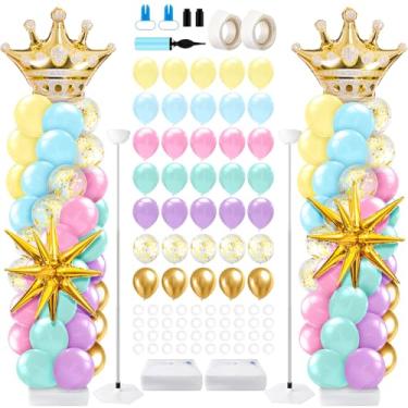 Imagem de LaRandom 2 Sets Princess Balloon Column Stand Kit with Crown Exploding Star Foil Balloon Pastel Rainbow Balloons Arch Garland for Princess Birthday Wedding Baby Shower Decorations Party Supplies