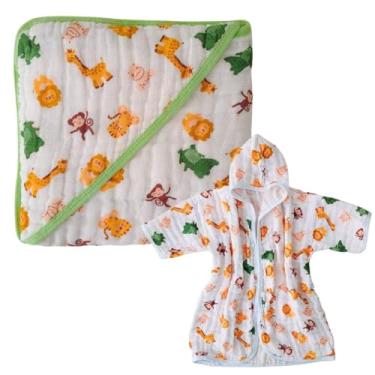 Imagem de Kit 1 Toalha de Banho Bebe com Capuz de Fralda Soft + 1 Roupão com Capuz Soft 100% algodão Enxoval (Safari)