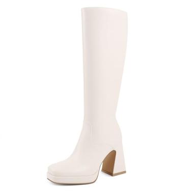Imagem de JOY IN LOVE Botas de cano alto femininas plataforma salto bloco grosso bico quadrado couro sintético botas altas, Branco fosco, 35