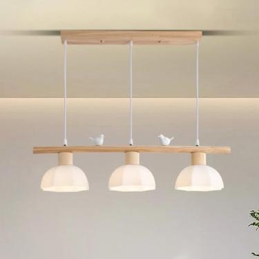 Imagem de Lustre Linear de Vidro de Leite, Luminária Pendente de Pássaro e Flor, Ilha de Cozinha, Luminária Pendente de Madeira Moderna de Meados do Século, Lustre Vintage Rústico de Fazenda para Mesa