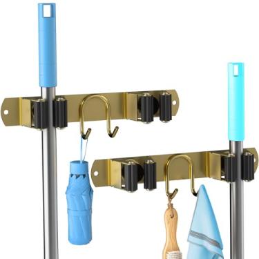 Imagem de AURIKAR Suporte de parede para vassoura, organizador de vassoura e esfregão de aço inoxidável, gancho de vassoura com 2 compartimentos, 2 ganchos para cozinha doméstica, garagem, jardim e lavanderia