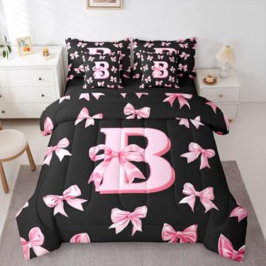 Imagem de Erosebridal Conjunto de cama com letra B com letra B, conjunto de edredom com laço monogramado personalizado, tamanho solteiro, para crianças, meninas e adolescentes, cama com laço e laço em uma bolsa