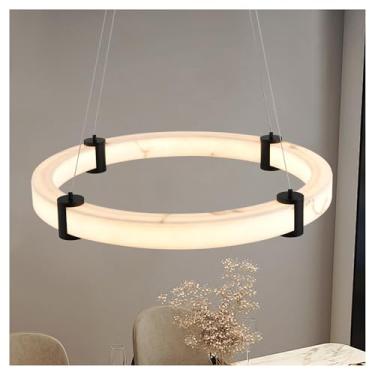 Imagem de Luminária pendente LED moderna, lustre redondo de 23,6 polegadas com altura ajustável, luminária de anel de resina com acabamento em mármore imitação