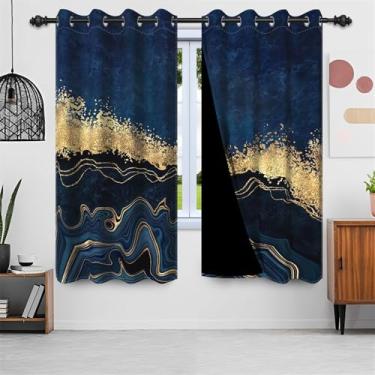 Imagem de Leyiyi Cortinas blecaute de mármore azul marinho modernas luxuosas textura abstrata cortinas de janela rústica folha dourada líquida com ilhós rachados cortinas escurecimento de quarto 132 x 213 cm, 2