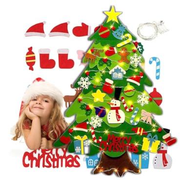 Imagem de Árvore de Natal de feltro de 9 m para crianças pequenas – Árvore de Natal infantil DIY com 32 ornamentos, luzes LED, artesanato de Natal para crianças, decorações de Natal de feltro para janela de