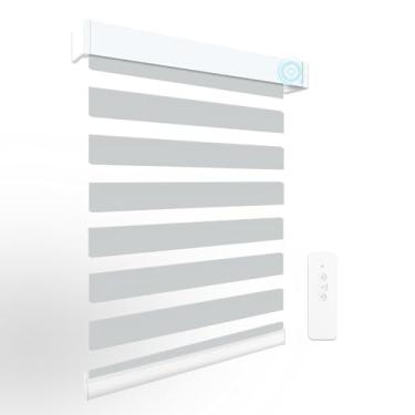 Imagem de Persianas zebra motorizadas com controle remoto, 90% blackout de camada dupla, persianas elétricas sem fio horizontais recarregáveis para Windows compatíveis com Alexa Google (linhas finas cinza, 51