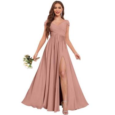 Imagem de Vestido de dama de honra Fu Jiang Chiffon, longo e empoeirado, rosa, t