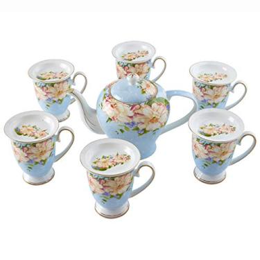 Imagem de Conjunto de chá Bone China Xícaras de chá rosa com 6 xícaras de chá canecas de café de grande capacidade para chá da tarde e café, azul (azul) (rosa) (azul) (azul) (azul) (azul) (azul) (azulado)