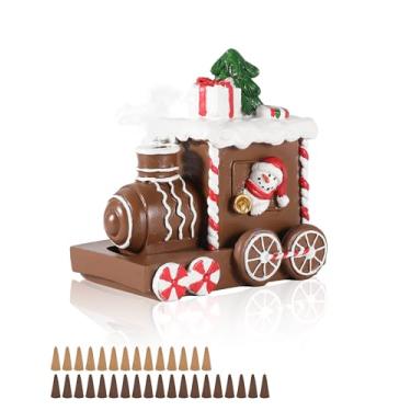 Imagem de iStatue Estatueta de resina de trem de Natal com chaminé de fumaça – Trem de Natal estilo pão de gengibre com boneco de neve, rodas de doces e decoração de presente – decoração de mesa festiva de 10,7
