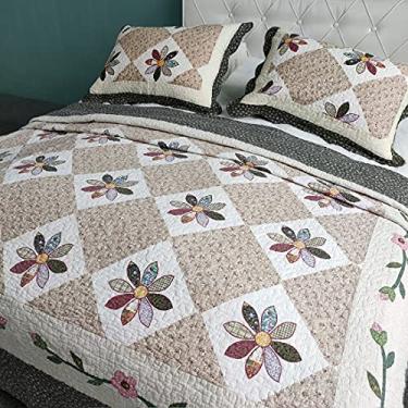 Imagem de Conjunto de colcha de cama acolchoada de algodão floral boêmio, tamanho queen, leve, 1 colcha e 2 fronhas (amarelo, Queen) (Queen verde-escuro (231 x 248 cm))