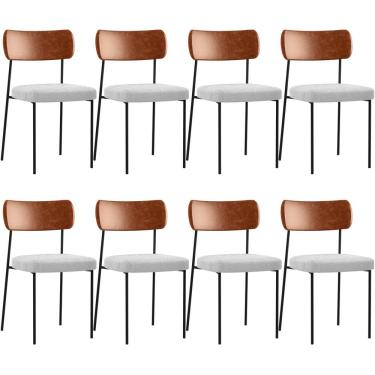 Imagem de Kit 08 Cadeiras Estofadas Para Sala De Jantar Melina L02 Couríssimo Camel Bouclê Cinza - Lyam Decor