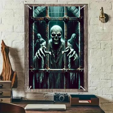 Imagem de BlissYard Banner de capa de janela de Halloween esqueleto fantasma atrás das barras 79 x 128 cm decoração de janela de terror banner para pendurar na parede pôster assustador casa assombrada festa