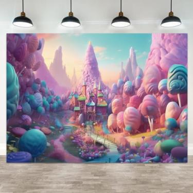 Imagem de ASDCXZ 1,5 x 0,9 m Candyland pano de fundo fantasia castelo de doces fotografia fundo doce pirulito sonho céu azul desenho animado crianças aniversário banner decorações chá de bebê recém-nascido