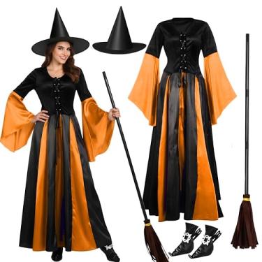 Imagem de Liitrsh Conjunto de fantasia feminina de bruxa, vestido clássico de feiticeira com chapéu de bruxa, vassoura, capas de sapato, vestido de Halloween (XG, laranja)