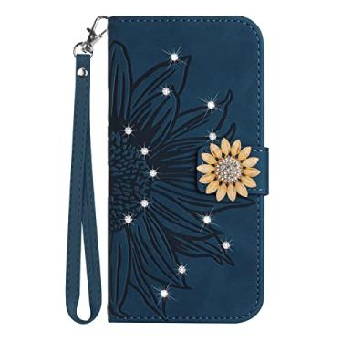Imagem de ONV Capa carteira para Samsung Galaxy A13 5G - Capa de couro flip de girassol brilhante com glitter slot para cartão à prova de choque com suporte magnético para Samsung Galaxy A13 5G [HT] -Azul i-T