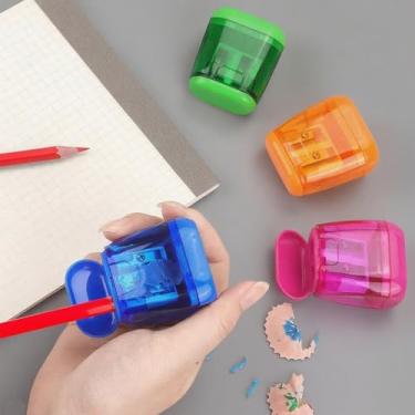 Imagem de Apontador de lápis manual de furo duplo com tampa e recipiente de aparas, ferramenta compacta de papelaria para escola, escritório, 4 peças (multicoloridas)