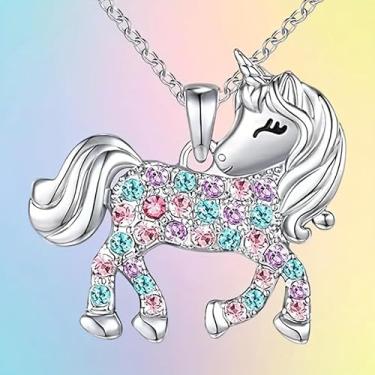 Imagem de Colar com pingente de pônei colorido e unicórnio com diamante de água colorido, joia fofa perfeita para aniversários, feriados e presentes de festa