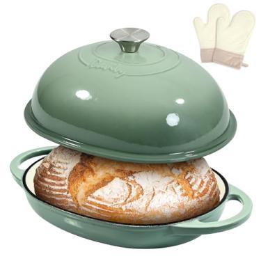 Imagem de Davivy Forno oval para pão de 6 litros com tampa abobadada, forno holandês esmaltado para assar pão de fermento, 6 qt, forma oval de fermento de ferro fundido com tampa - verde sal marinho