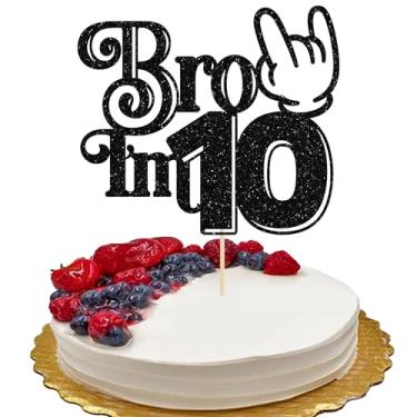 Imagem de Ephlyn 1 peça Brother I'm 10 Cake Topper Glitter Star Happy 10th Birthday Cake Pick Bro I'm 10 Cake Decoration It's My 10th Birthday Decorações para meninos Cheers to 10 Years Old Party Supplies Preto