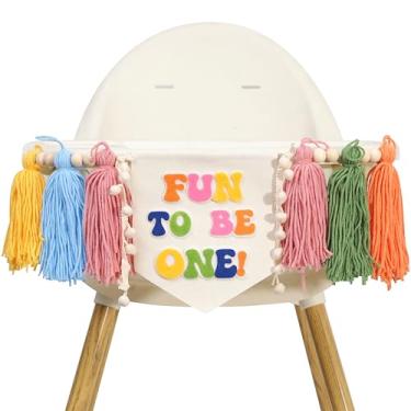Imagem de Banner de cadeira alta Fun To Be One - Decorações de festa de feliz primeiro aniversário, guirlanda de cadeira alta com borlas coloridas, primeiro adereço de foto de festa arco-íris, faixa colorida