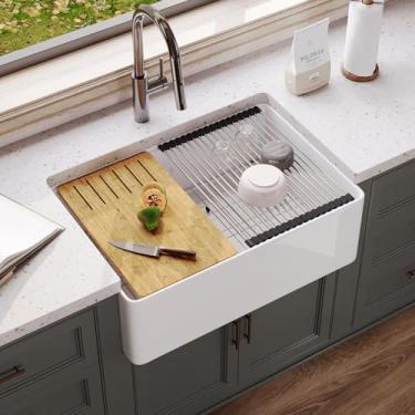Imagem de DeerValley Farmhouse Kitchen Sink Workstation 76.2 cm, avental branco refractário frontal pias de fazenda, tigela única profunda na pia subterrânea com acessórios