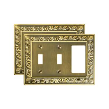 Imagem de TREEWELL Pacote com 2 placas decorativas para interruptores duplos/única decoradora, placas decorativas para interruptores e tampas de tomada, 4 placas de parede de metal de latão antigo, resistente à