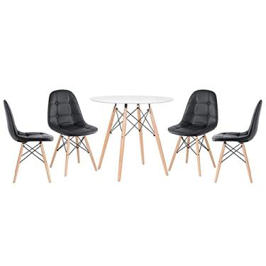 Imagem de Loft7, Kit Mesa redonda Eames 80 cm branco + 4 cadeiras estofadas Eiffel Botonê Preto