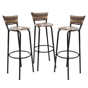 Imagem de Kit 3 Banquetas Altas 80cm Estrutura Preta Encosto Junco Cappuccino Ideal P/Bancada Cozinha Americana Bares Balcão Itagold (Assento Floral Marrom)