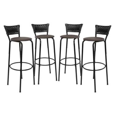 Imagem de Kit 4 Banquetas Altas 80cm Estrutura Preta Encosto Junco Preto Ideal Bancada Cozinha Americana Bares Balcão Ilha Área Gourmet Piscina Itagold (Assento Marrom Escuro)