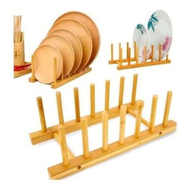 Imagem de 2X Escorredor Suporte Prato Copo Bambu Multiuso Organizar Ca