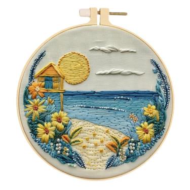 Imagem de Huacan Kits de bordado para adultos, estampa de paisagem estampada para iniciantes, 1 peça, kit de costura de ponto cruz DIY 19 x 19 cm