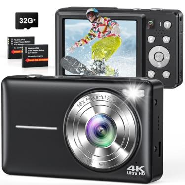 Imagem de Câmera digital 4K, câmera digital compacta de apontar e fotografar com foco automático, câmera dupla, flash, zoom 16X, cartão de 32 GB, câmeras de 64 MP para fotografia, meninos, meninas, adolescentes