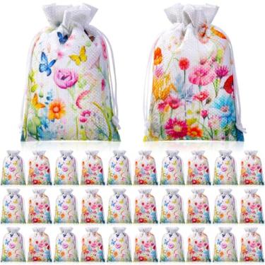 Imagem de Supervitae 30 peças de sacos de presente de serapilheira de flores silvestres com cordão, 10 x 15 cm, primavera, verão, floral, festa, lembrancinha, pequenos sacos de joias para mulheres, dia das
