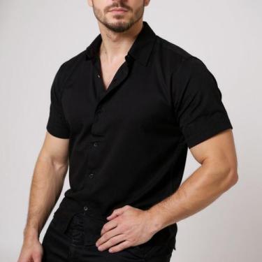 Imagem de Camisa Masculina Social Botão Manga Curta Slim - Volgue, Preto, P