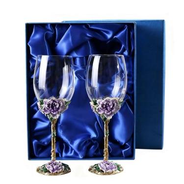 Imagem de Gets Taças de vinho pintadas flor esmaltada taça de vinho de cristal decorativa com caixa de presente azul para aniversário de casamento (roxo 2 + caixa de presente)