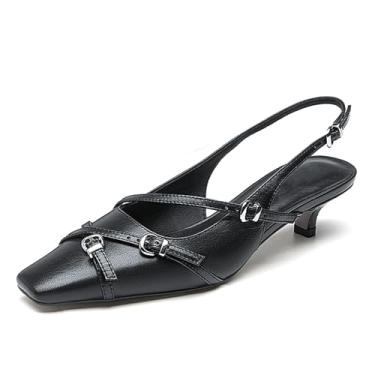 Imagem de LEMUTISME Sapato feminino elegante de couro fosco bico quadrado com fivela elegante salto baixo gatinho chique com tiras, Preto, 35