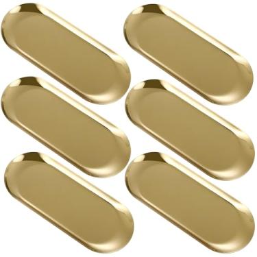 Imagem de 6 bandejas de armazenamento decorativas douradas, travessas de aço inoxidável, pequenas bandejas ovais para servir, medidas 18 x 8,5 cm, ótimas para perfume, joias e mesa de jantar