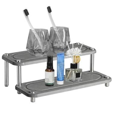 Imagem de Bandeja de pia de diatomita de 2 camadas, suporte de copo de absorção de água de secagem rápida, organizador compacto de banheiro com moldura de metal