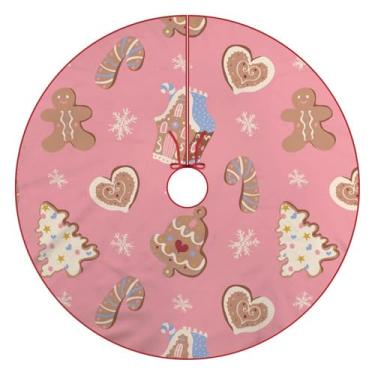 Imagem de Huryilo Linda saia de árvore de gengibre rosa com floco de neve, decorações de Natal de pão de gengibre, 76 cm x 76 cm