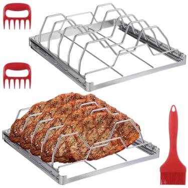 Imagem de 2 suportes de costela dobráveis, suportes de grelha de aço inoxidável para frango e bife, inclui 1 escova de silicone e 2 trituradores, equipamento de churrasqueira ao ar livre para vários tipos de