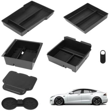Imagem de Conjunto de 7 bandejas organizadoras de console central, 5 suportes de armazenamento, tapete antiderrapante para copos duplos, capa para webcam, compatível com Tesla M3 2024-2025, modelo Y 2025